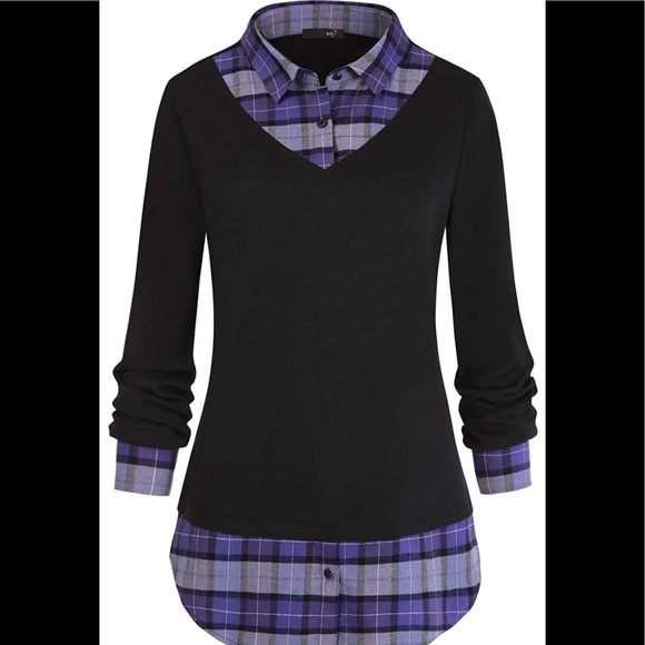 DJT Women’s Fashion Tops - Contrast Plaid Collar 2 in 1 Top (NWOT❗️)